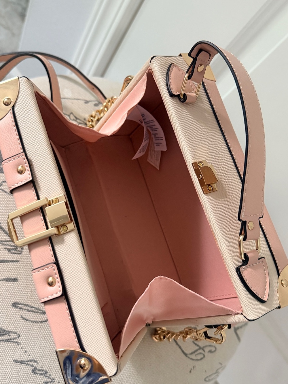 ALDO Structured Pink Mini Trunk Bag with Decorative Travel Panels - Picture 7 of 8
